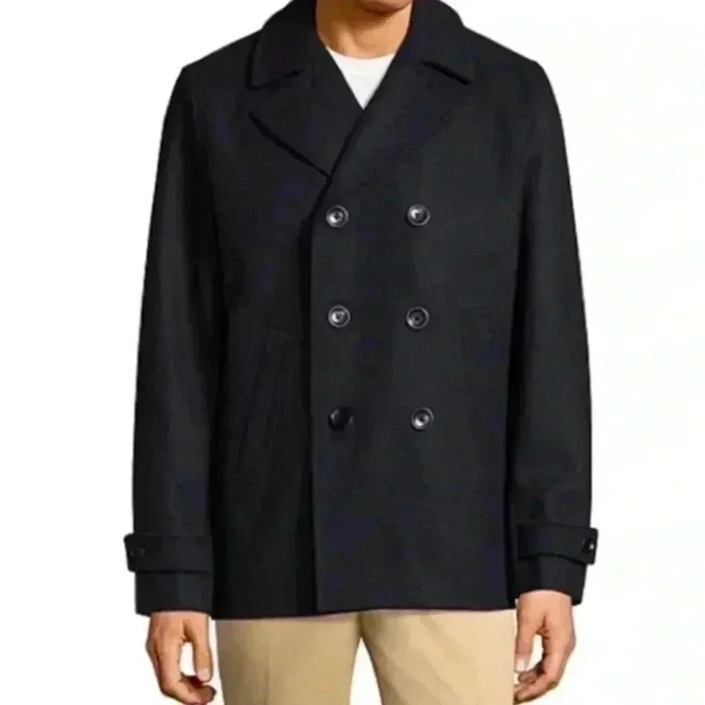 Men's New Claiborne Wool-Blend‎ Black Double Breasted Pea Coat Size: Small